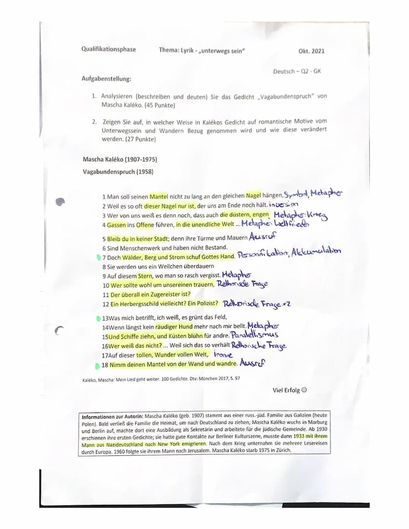 C
Qualifikationsphase
Aufgabenstellung:
Thema: Lyrik-unterwegs sein"
Mascha Kaléko (1907-1975)
Vagabundenspruch (1958)
1. Analysieren (besch
