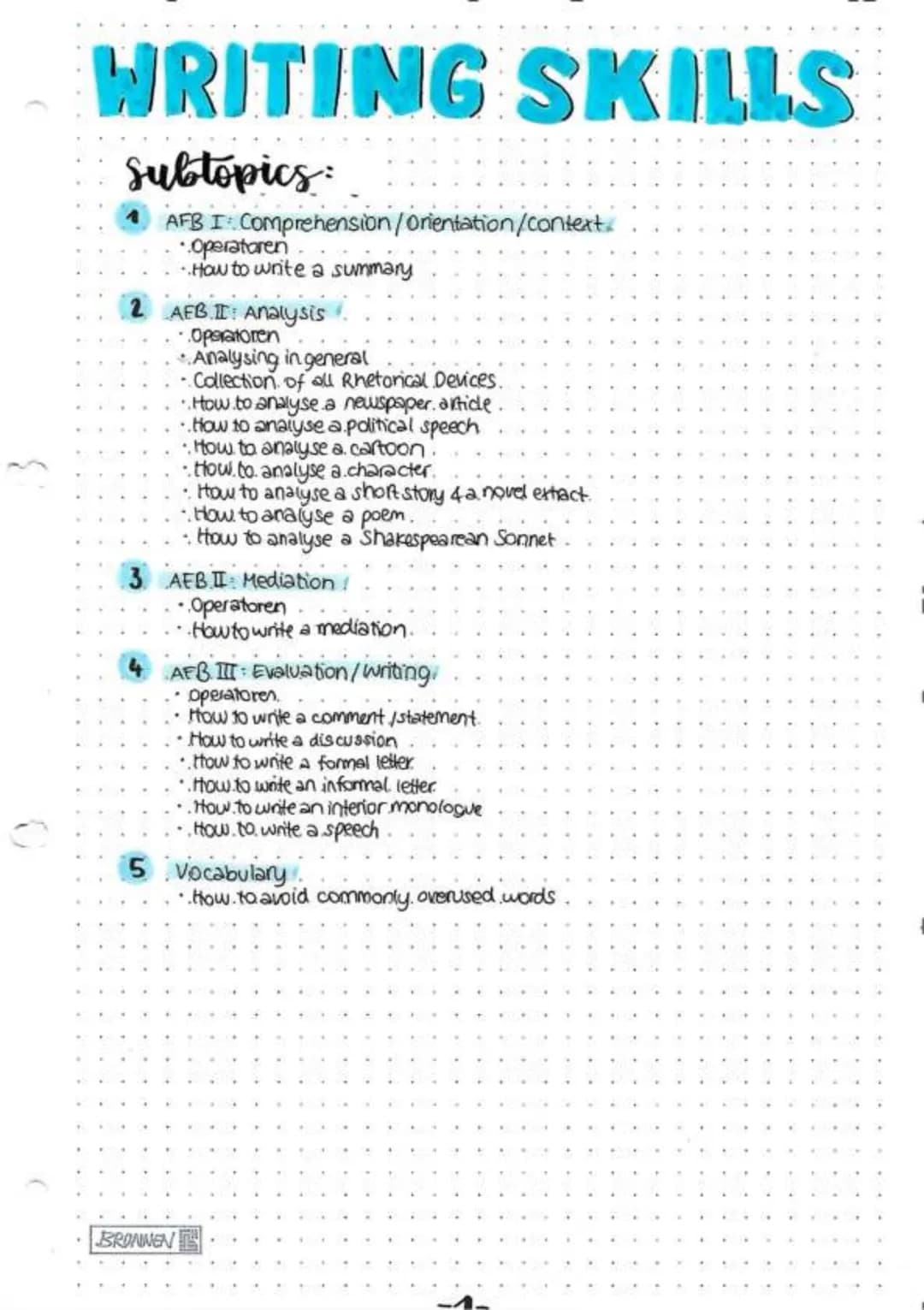 WRITING SKILLS
Subtopics:
AFB I: Comprehension/Orientation/context.
•Operatoren
How to write a summary
2 AEB. II Analysis
• Operatoren
Analy