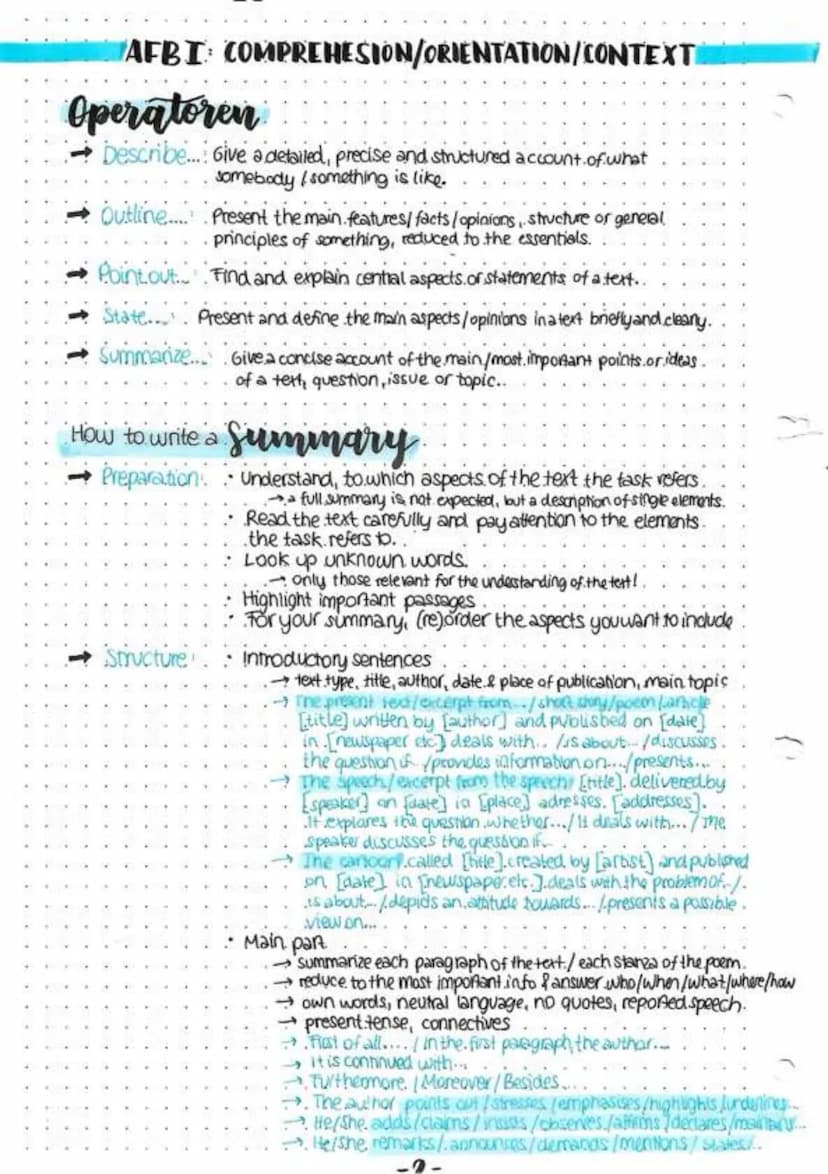 WRITING SKILLS
Subtopics:
AFB I: Comprehension/Orientation/context.
•Operatoren
How to write a summary
2 AEB. II Analysis
• Operatoren
Analy