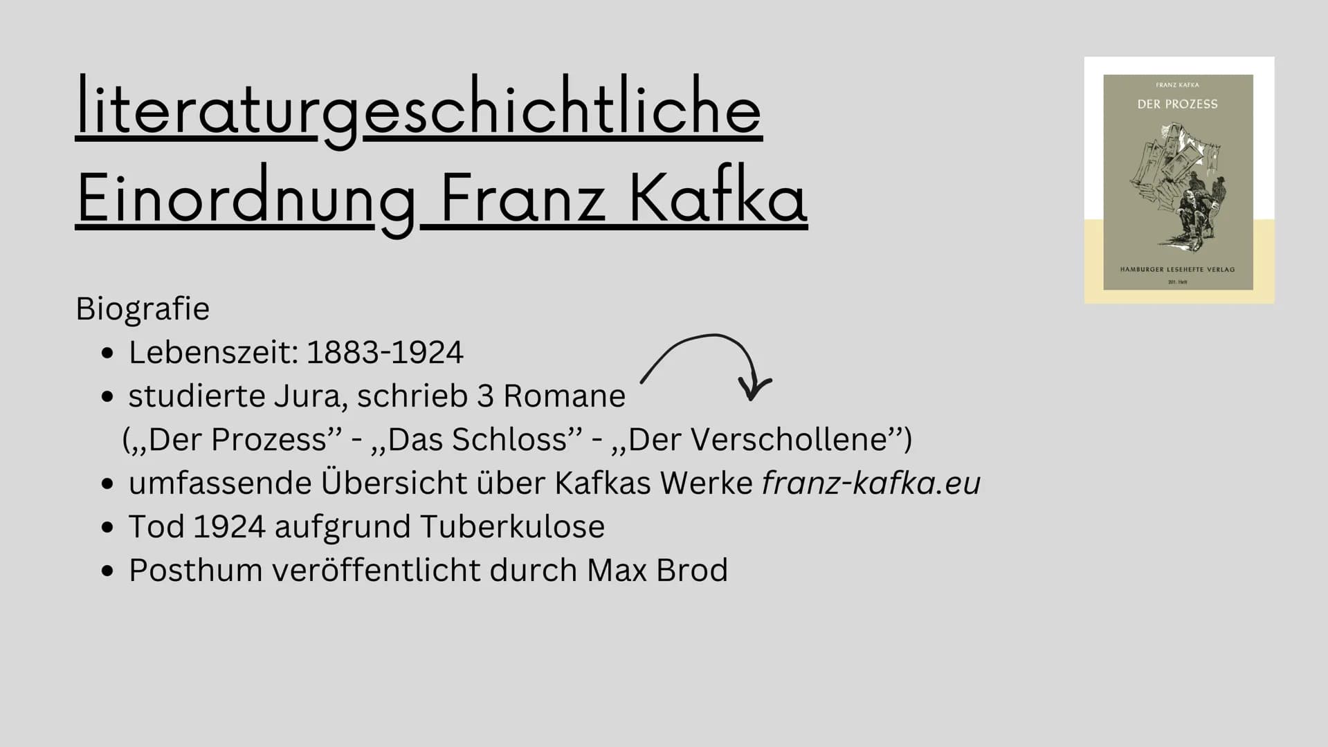 # Kurzpräsentation
# Große Romane des
# 20. Jahrhunderts


,,Der Prozess“ von Franz Kafka


FRANZ KAFKA
DER PROZESS
HAMBURGER LEHEHEFTE VERL