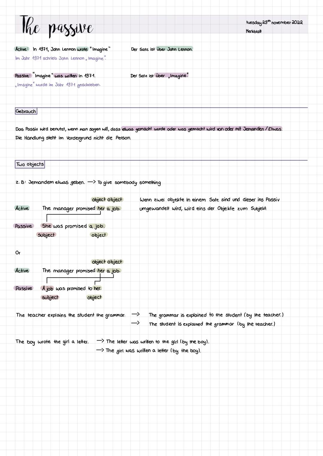 # The passive

Active: In 1971, John Lennon wrote "Imagine"
Im Jahr 1971 schrieb John Lennon Imagine".

Passive: "Imagine" was written in 19