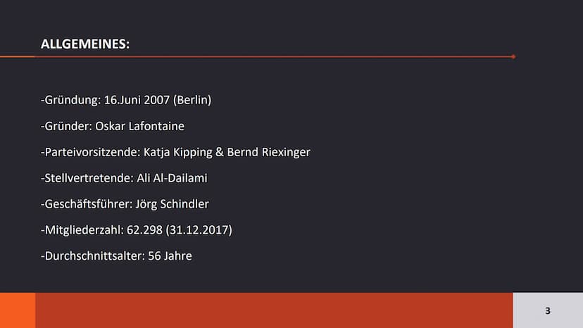 DIE LINKE AUFTEILUNG:
Allgemeines
Grundwerte
Aktuelles
Wusstest du schon?
Quiz
Quellen
2 ALLGEMEINES:
-Gründung: 16.Juni 2007 (Berlin)
-Grün
