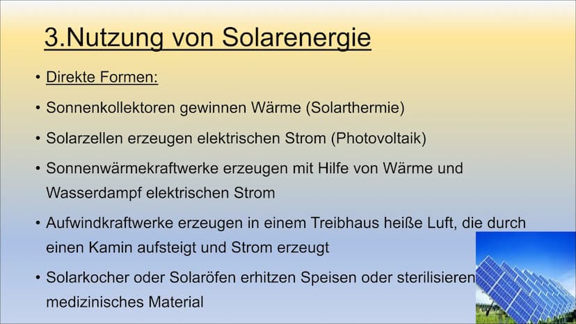Solarenergie
Ist Solarenergie unsere Zukunft? 1.Einleitung Inhaltsverzeichnis
●
1. Was ist Solarenergie?
2.Funktion von Solarenergie
2.1. ..
