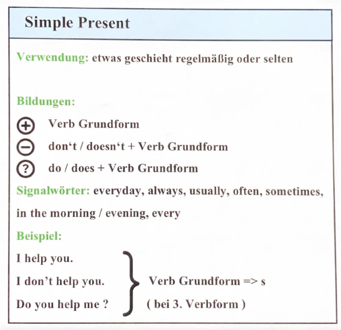 Simple Past
Verwendung: etwas was in der Vergangenheit passiert ist
(abgeschlossene Handlung)
Bildungen:
+ Verbed/2. Verbform (simple past)
