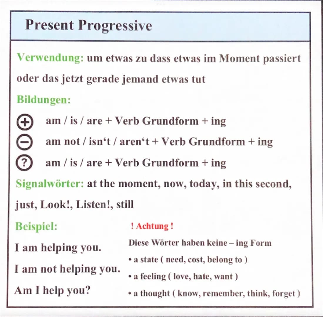 Simple Past
Verwendung: etwas was in der Vergangenheit passiert ist
(abgeschlossene Handlung)
Bildungen:
+ Verbed/2. Verbform (simple past)
