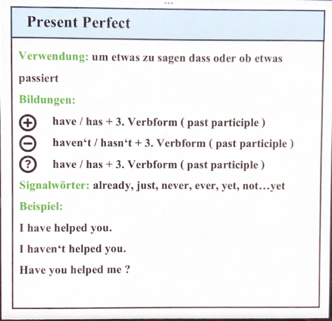 Simple Past
Verwendung: etwas was in der Vergangenheit passiert ist
(abgeschlossene Handlung)
Bildungen:
+ Verbed/2. Verbform (simple past)
