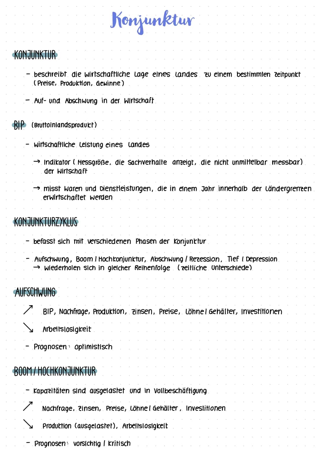 KONJUNKTUR
BIP (Bruttoinlandsprodukt)
-
beschreibt die wirtschaftliche Lage eines landes zu einem bestimmten Zeitpunkt
(Preise, Produktion, 