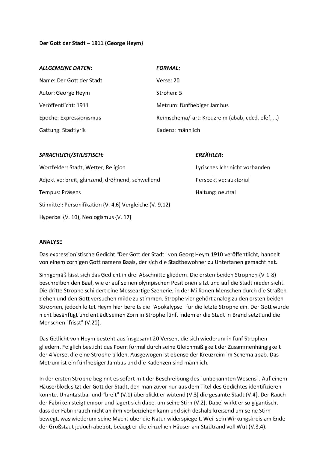 Der Gott der Stadt: Analyse, Metrum und Merkmale des Gedichts von Georg Heym