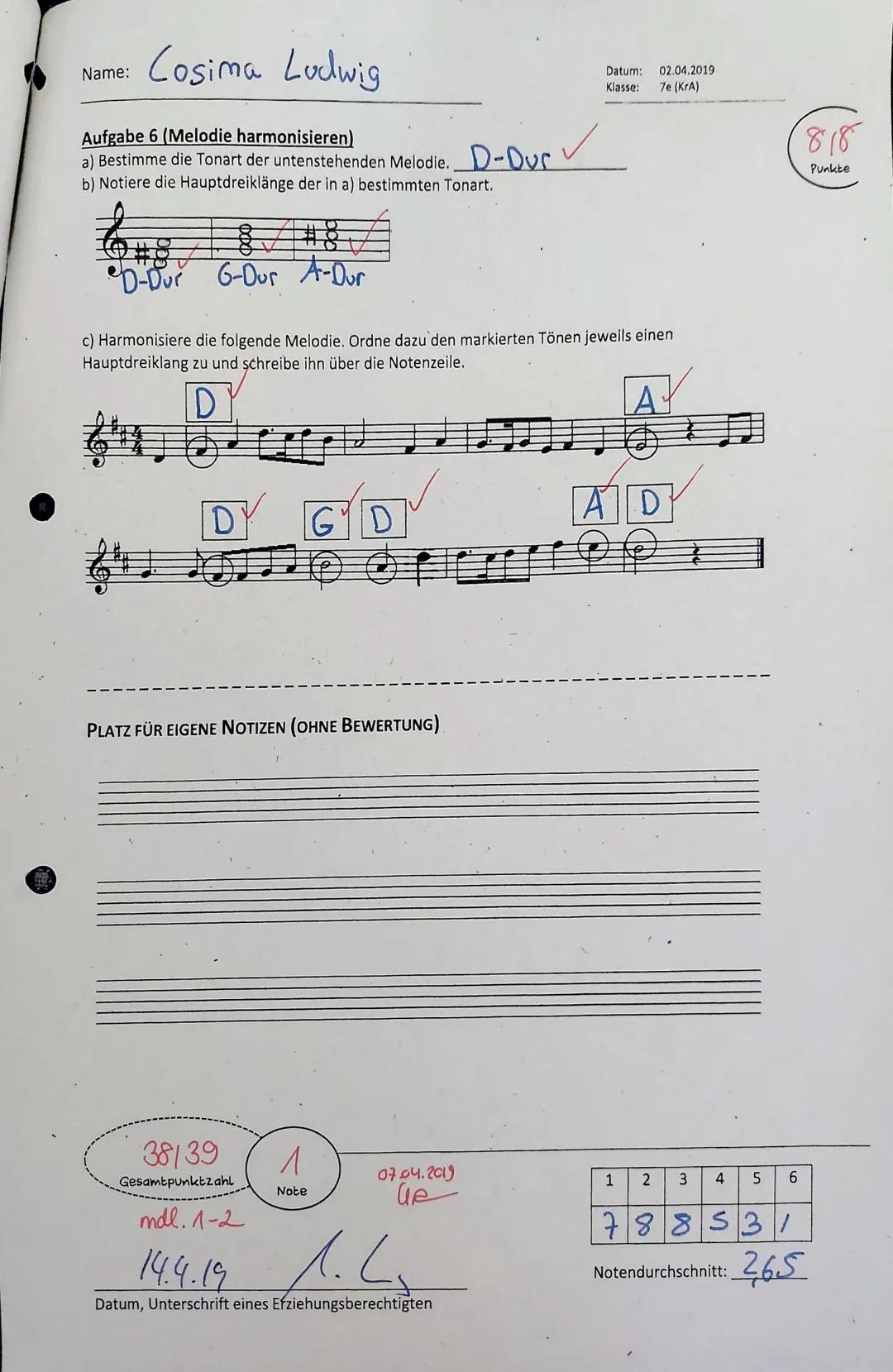 Name: Cosima Ludwig

LERNKONTROLLE MUSIK NR. 2

Thema: Dreiklänge

Datum: 02.04.2019
Klasse: 7e (KrA)

Viel
Erfolg

Aufgabe 1 (Dreiklänge be