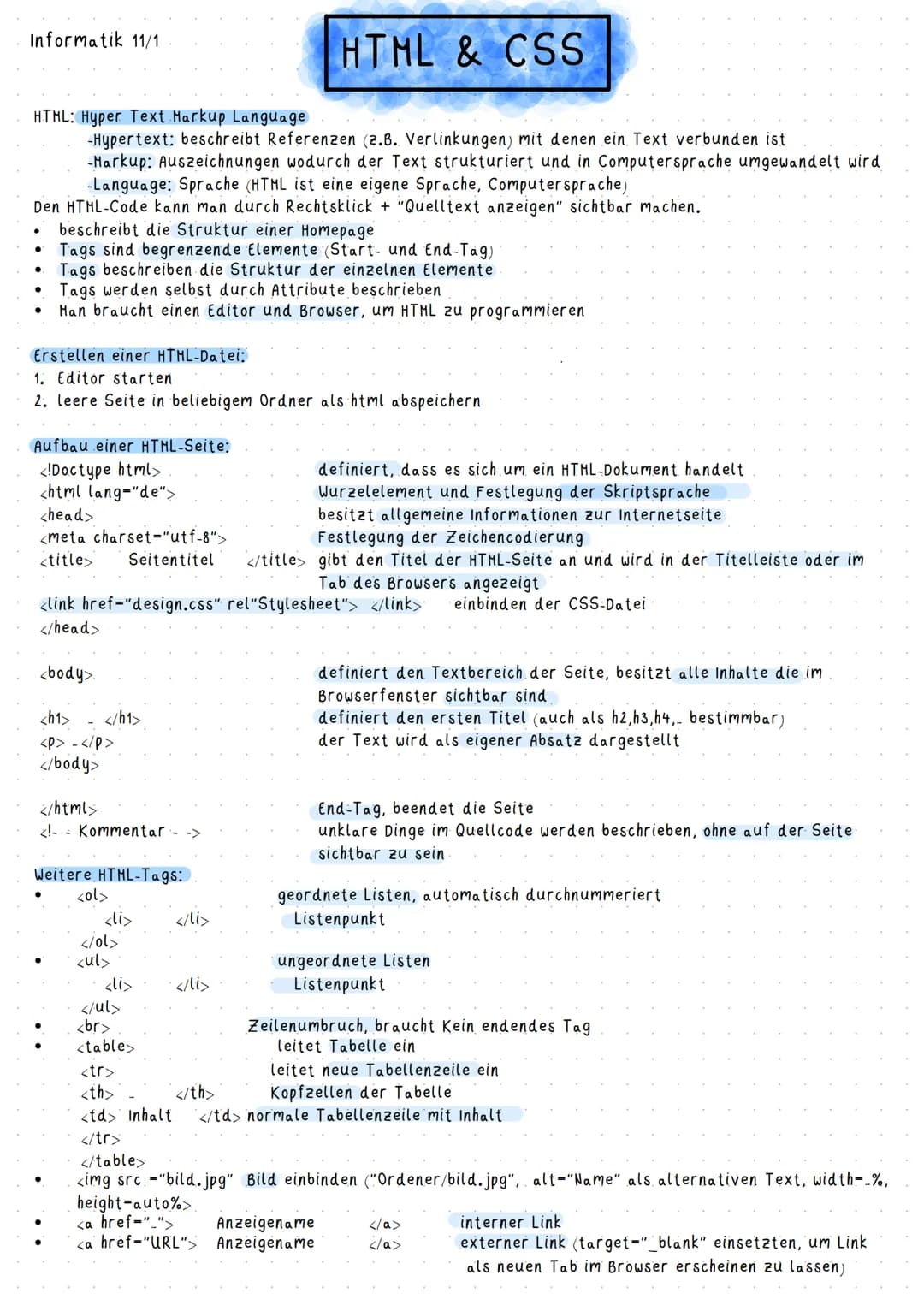 Informatik 11/1
HTML: Hyper Text Markup Language
-Hypertext: beschreibt Referenzen (z.B. Verlinkungen) mit denen ein Text verbunden ist
-Mar