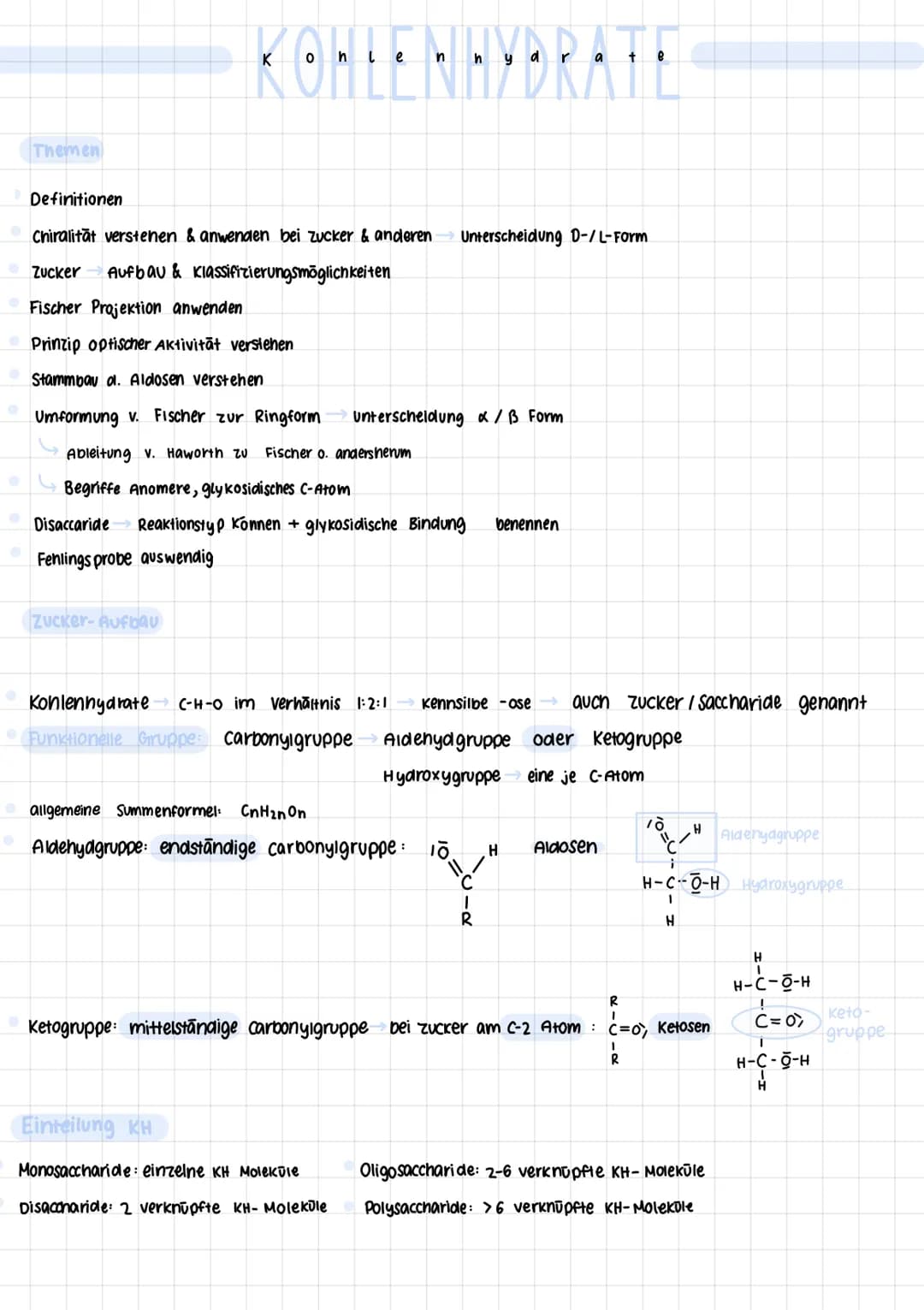 Themen
KOHLENHYDRATE
Definitionen
Chiralität verstenen & anwenden bei zucker & anderen Unterscheidung D-/L-Form
Zucker Aufbau & klassifizier