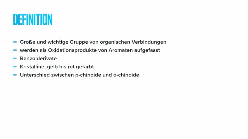 CHINONE INHALTSANGABE
Definition
Chinoide Systeme
Vorkommen
Mesomere Grenzstruckturen
Verwendung DEFINITION
- Große und wichtige Gruppe von 