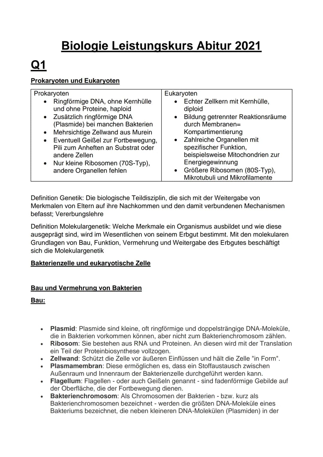 Q1
Prokaryoten und Eukaryoten
Prokaryoten
Biologie Leistungskurs Abitur 2021
●
Ringförmige DNA, ohne Kernhülle
und ohne Proteine, haploid
• 