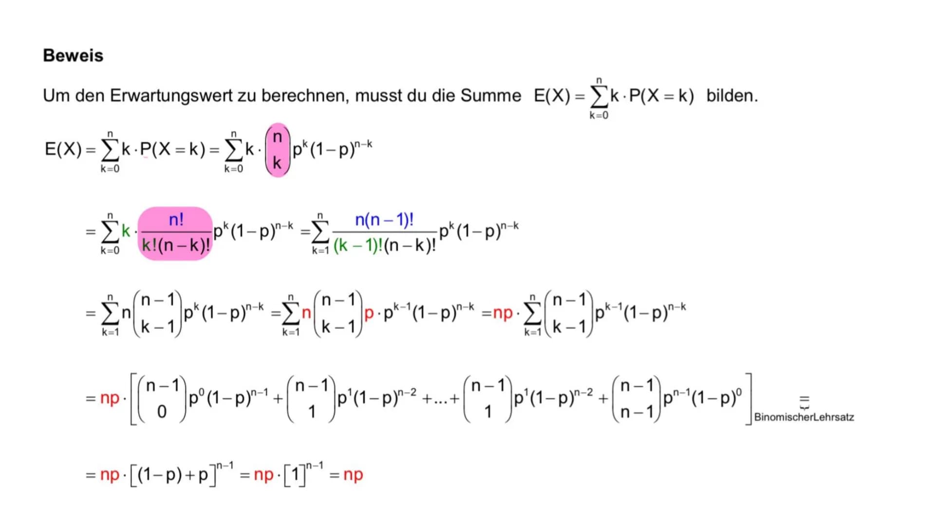 Erwartungswert =E(X) und
Standardabweichung bei der
Binomialverteilung Inhaltsverzeichnis
01 Erwartungswert
02 Herleitung
03
04 Beispielaufg