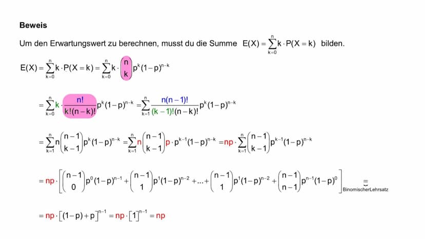 Erwartungswert =E(X) und
Standardabweichung bei der
Binomialverteilung Inhaltsverzeichnis
01 Erwartungswert
02 Herleitung
03
04 Beispielaufg