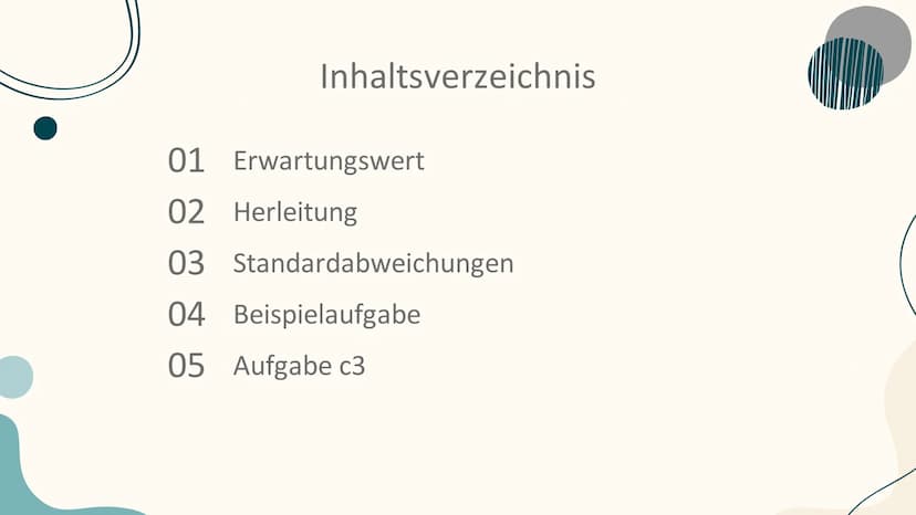 Erwartungswert =E(X) und
Standardabweichung bei der
Binomialverteilung Inhaltsverzeichnis
01 Erwartungswert
02 Herleitung
03
04 Beispielaufg