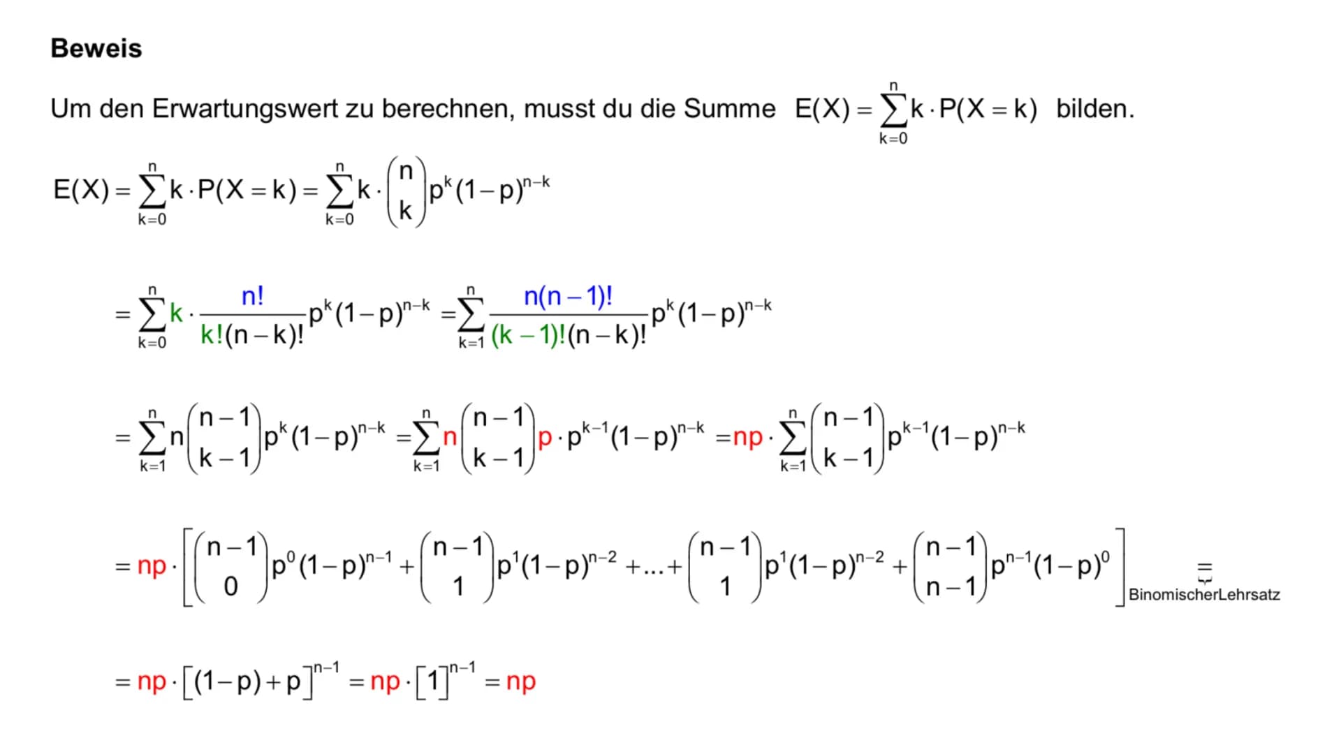 Erwartungswert =E(X) und
Standardabweichung bei der
Binomialverteilung Inhaltsverzeichnis
01 Erwartungswert
02 Herleitung
03
04 Beispielaufg