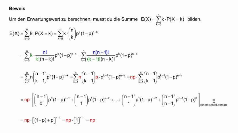 Erwartungswert =E(X) und
Standardabweichung bei der
Binomialverteilung Inhaltsverzeichnis
01 Erwartungswert
02 Herleitung
03
04 Beispielaufg