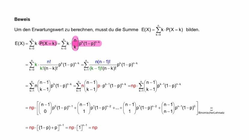 Erwartungswert =E(X) und
Standardabweichung bei der
Binomialverteilung Inhaltsverzeichnis
01 Erwartungswert
02 Herleitung
03
04 Beispielaufg