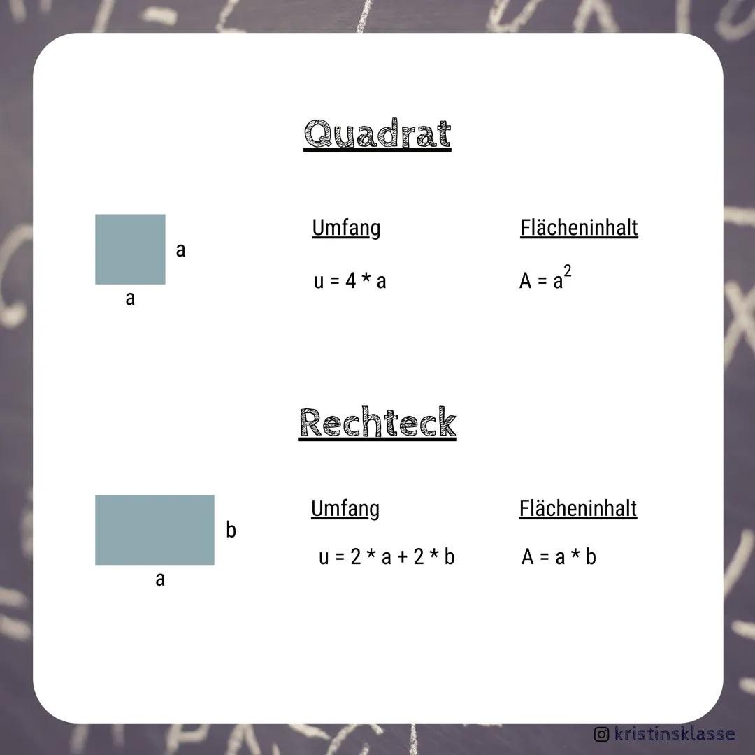 MATHE
Viereche
Formelsammlung
kristinsklasse a
a
a
P
Quadrat
Umfang
u = 4 * a
Rechteck
Umfang
u = 2*a+2*b
Flächeninhalt
2
A = a²
Flächeninha