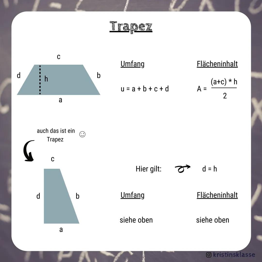 MATHE
Viereche
Formelsammlung
kristinsklasse a
a
a
P
Quadrat
Umfang
u = 4 * a
Rechteck
Umfang
u = 2*a+2*b
Flächeninhalt
2
A = a²
Flächeninha