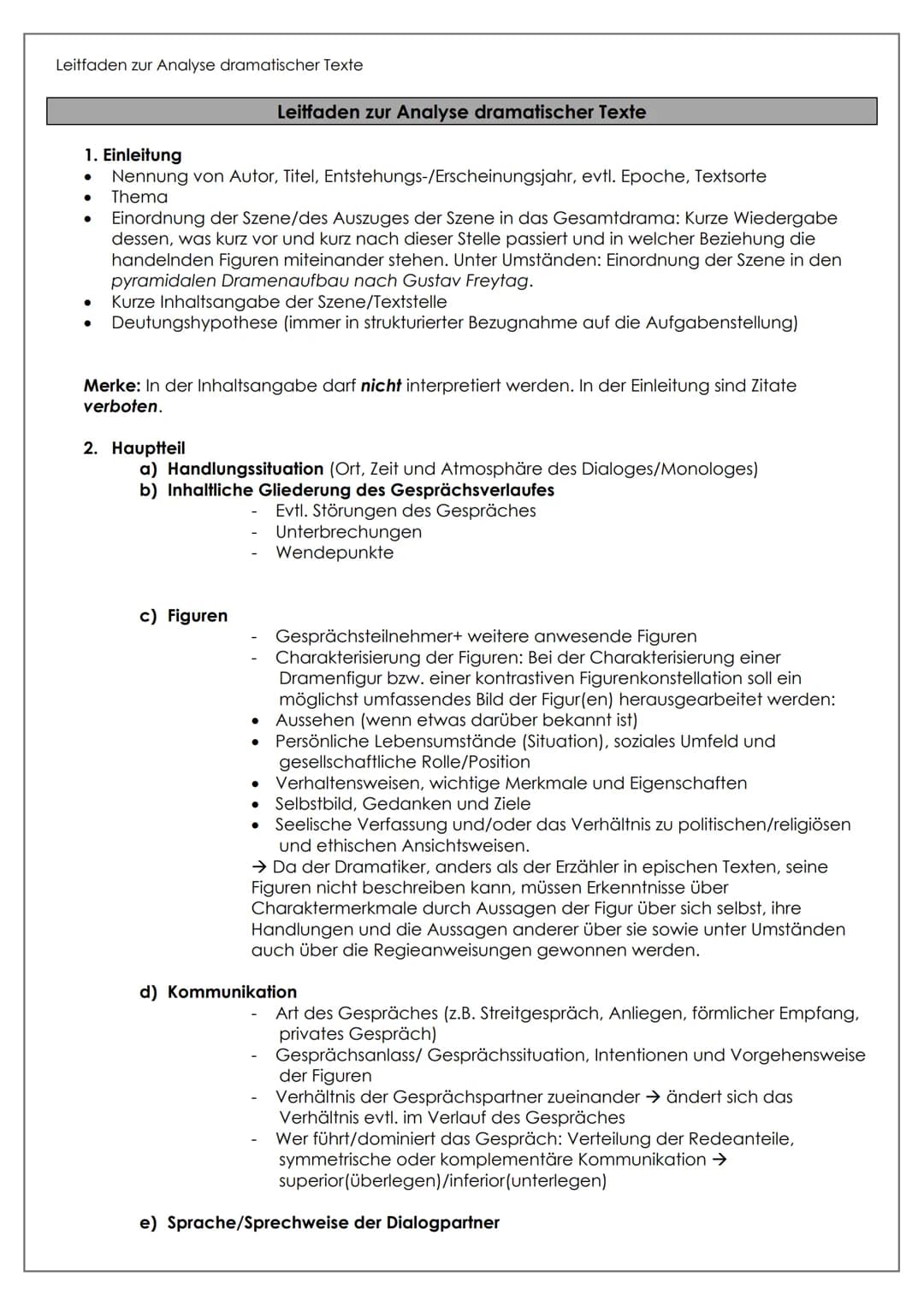 Leitfaden zur Analyse dramatischer Texte
1. Einleitung
●
Nennung von Autor, Titel, Entstehungs-/Erscheinungsjahr, evtl. Epoche, Textsorte
● 