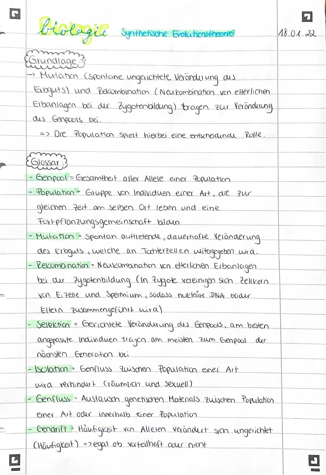 biologie
Grundlage
Synthetische Evolutionstheone
18.01.22
→ Mutation (Spontane ungerichtete Veränderung des
Eibguts) und Rekombination (Neuk