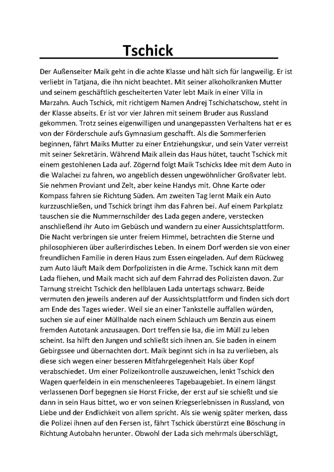 Tschick Zusammenfassung PDF: Alle Kapitel und Figuren einfach erklärt!