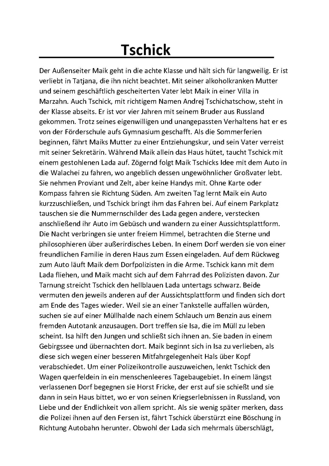 Tschick Zusammenfassung PDF: Alle Kapitel und Figuren einfach erklärt!