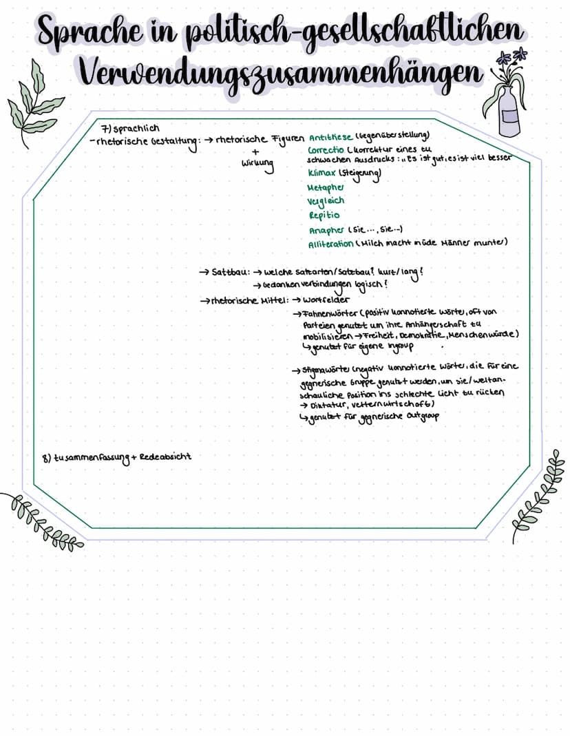Sprache in politisch-gesellschaftlichen
Verwendungszusammenhängen
Rede analyse:
1) Einleitung: → Textsorte, Thema
→ Titel
→Autor/Redner
3) a