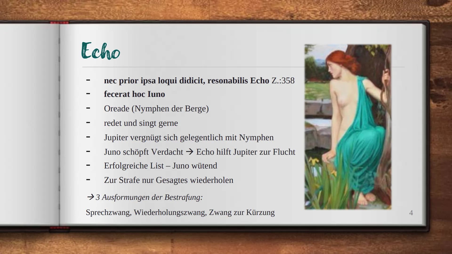 # NARCISSUS UND ECHO

- vier verschiedene / ähnliche Verwandlungen - # Gliederung

- Vorgeschichte
- Echo
- Junos Bestrafung und ihre Tücken