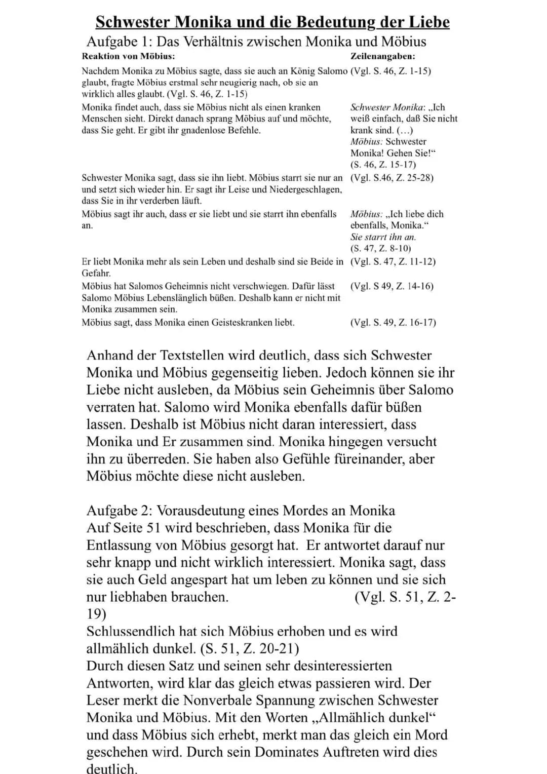 Schwester Monika und die Bedeutung der Liebe
Aufgabe 1: Das Verhältnis zwischen Monika und Möbius
Reaktion von Möbius:
Zeilenangaben:
Nachde