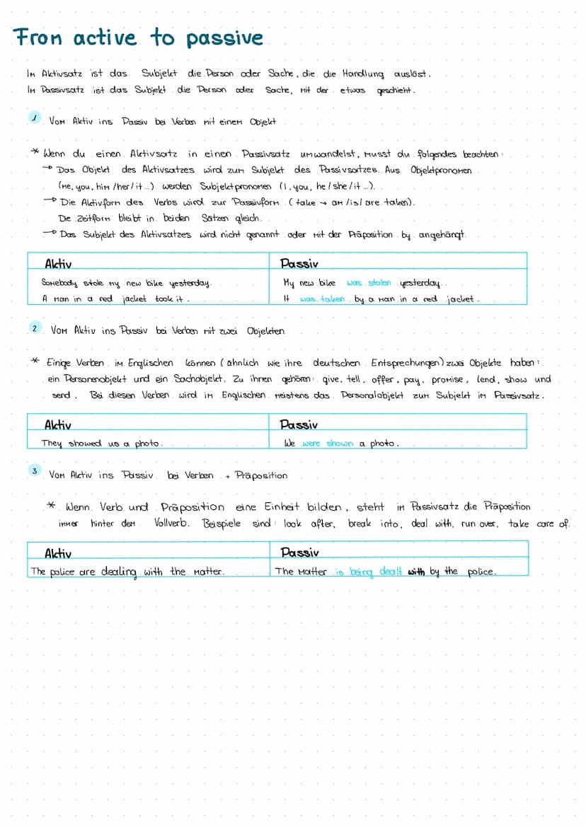 Passive
Das Passive bildest du mit einer Form von be in der jeweiligen Zeitform und dem past participle des. Vollverbs
(infinitive + -ed ode