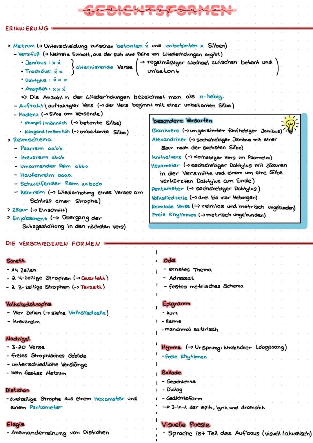 ERINNERUNG
> Metrum (→ Unterscheidung zwischen betonten x und unbetonten x Silben)
- Versfuß (→ hleinste Einheit, aus der sich eine Reihe vo