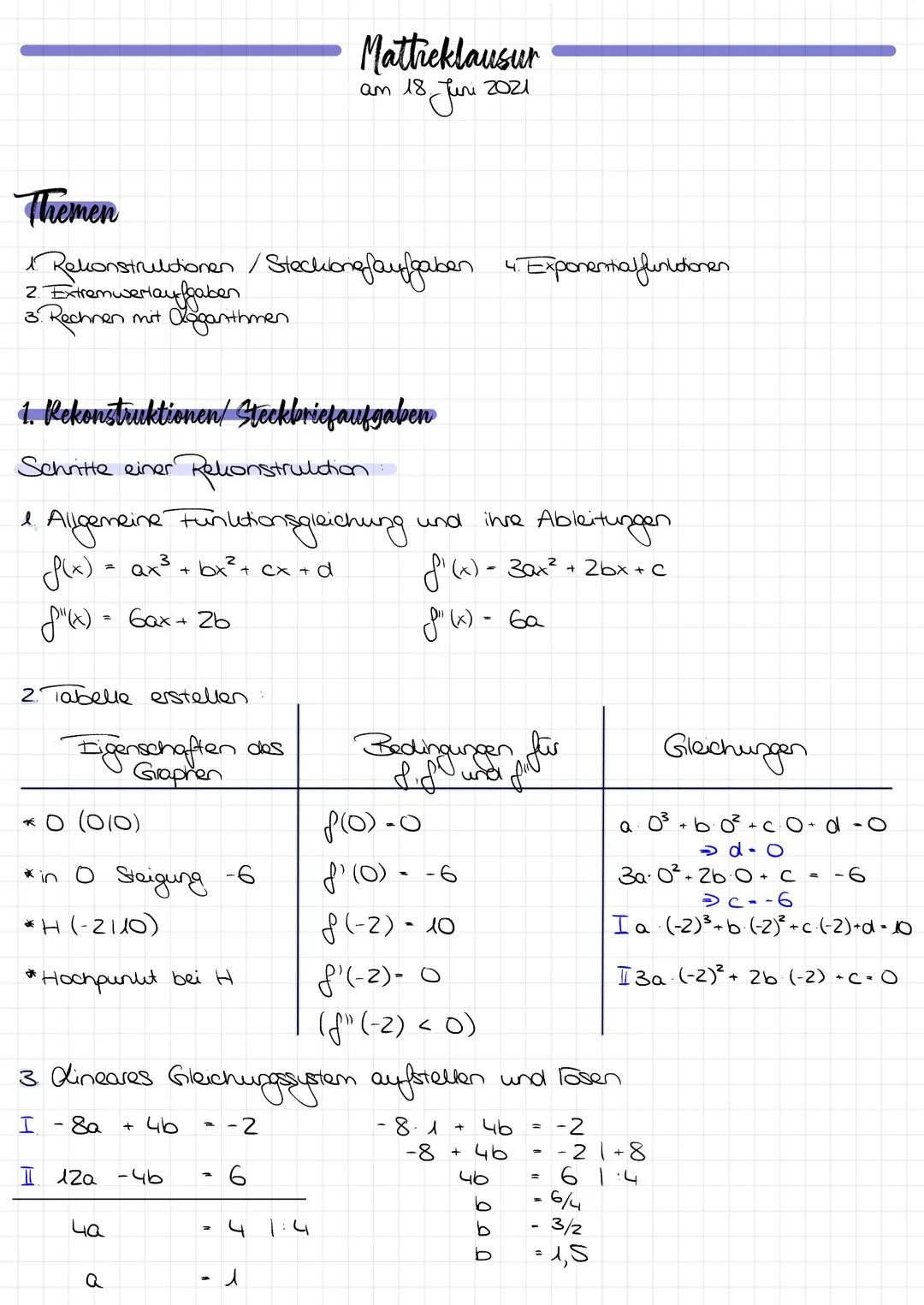 Themen
1 Rekonstruktionen / Steckbriefaufgaben 4. Exponential functionen
2. Extremwerlaufgaben
3. Rechnen mit doganithmen
1. Rekonstruktione