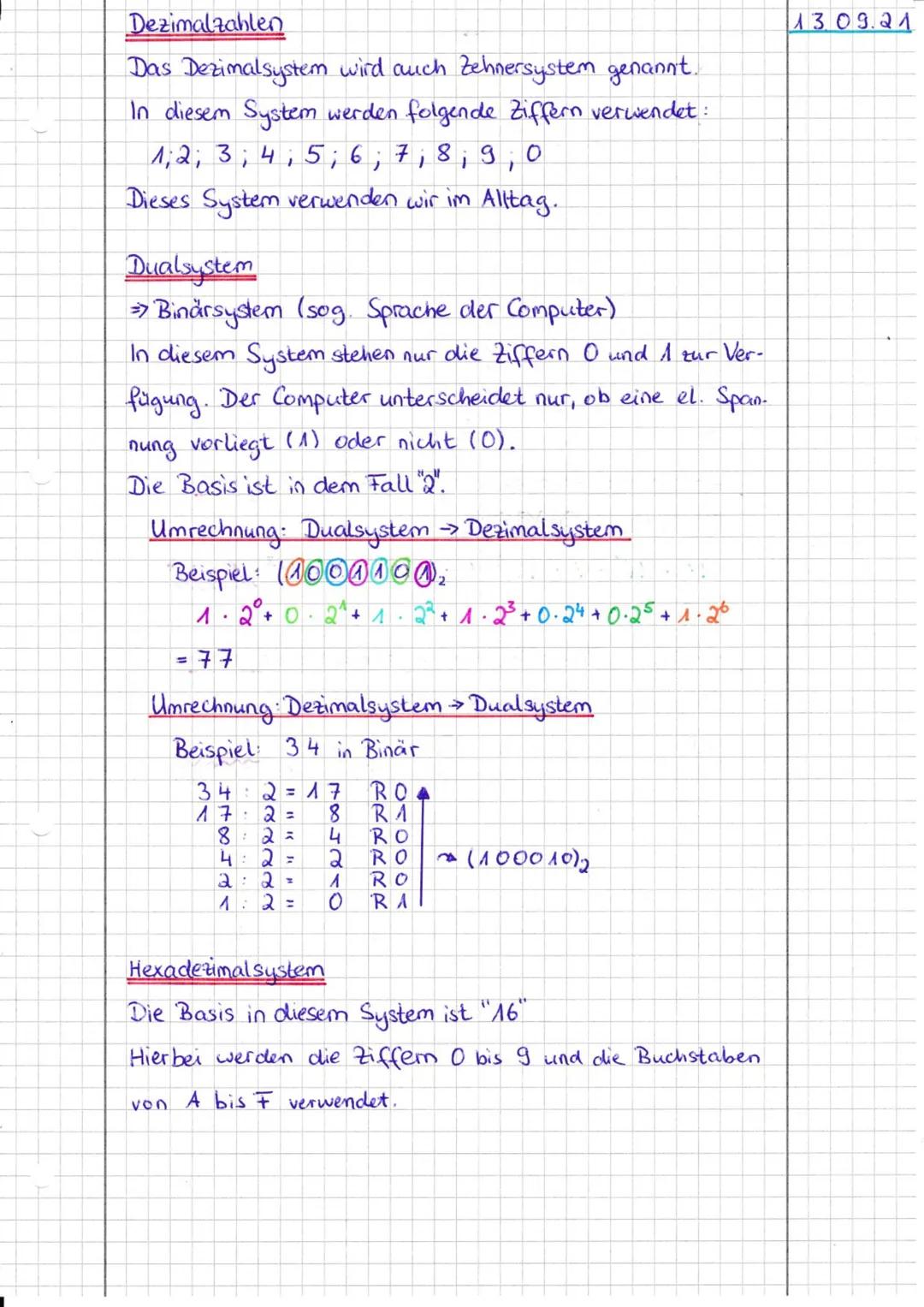 Dezimalzahlen
Das Dezimalsystem wird auch Zehnersystem genannt.
In diesem System werden folgende Ziffern verwendet:
1; 2; 3 ; 4 ; 5 ; 6 ; 7 