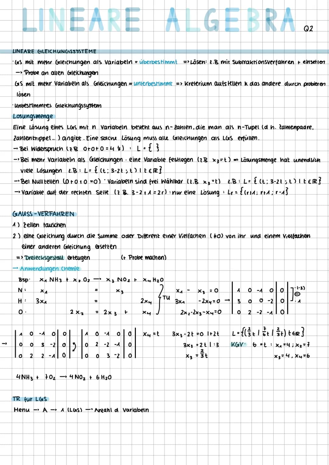 LINEARE A GEBRA 02
Q2
LINEARE GLEICHUNGSSYSTEME
•GS mit mehr Gleichungen als variabeln = überbestimmt => Lösen: 2.B mir Subtraktionsverfahre