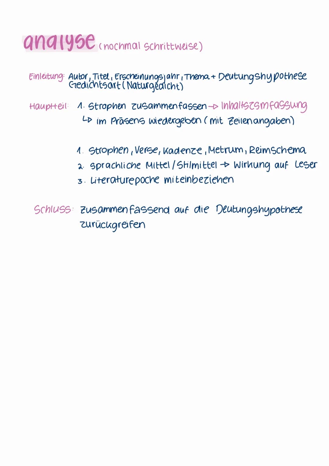 Gedichtsanalyse
Aufbau
Einleitung:
* Titel
* Verfasser
* Erscheinungsjahr
* Text Sorte
* Thema & Deutungshypothese:
LD
Gedichtsart (Naturged