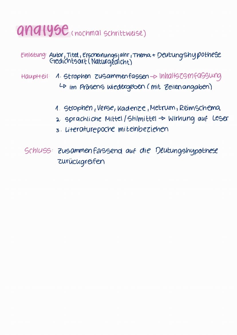 Gedichtsanalyse
Aufbau
Einleitung:
* Titel
* Verfasser
* Erscheinungsjahr
* Text Sorte
* Thema & Deutungshypothese:
LD
Gedichtsart (Naturged