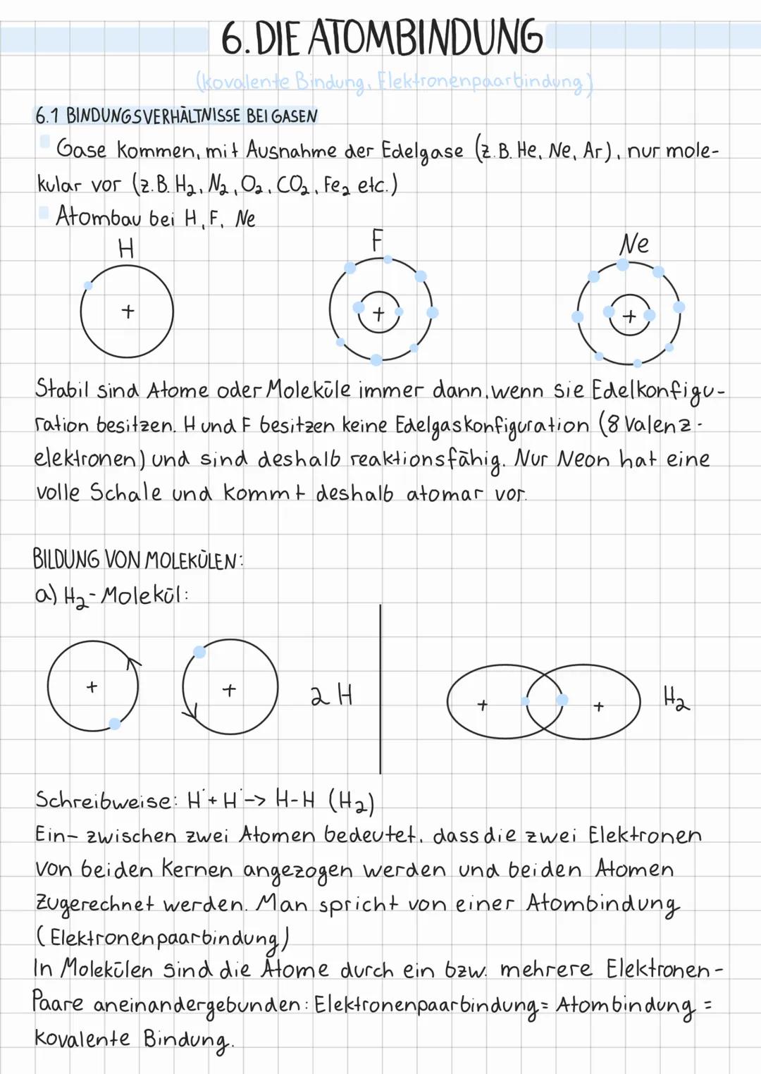 # 6. DIE ATOMBINDUNG
(kovalente Bindung, Elektronenpaarbindung)

6.1 BINDUNGSVERHÄLTNISSE BEI GASEN

Gase kommen, mit Ausnahme der Edelgase 