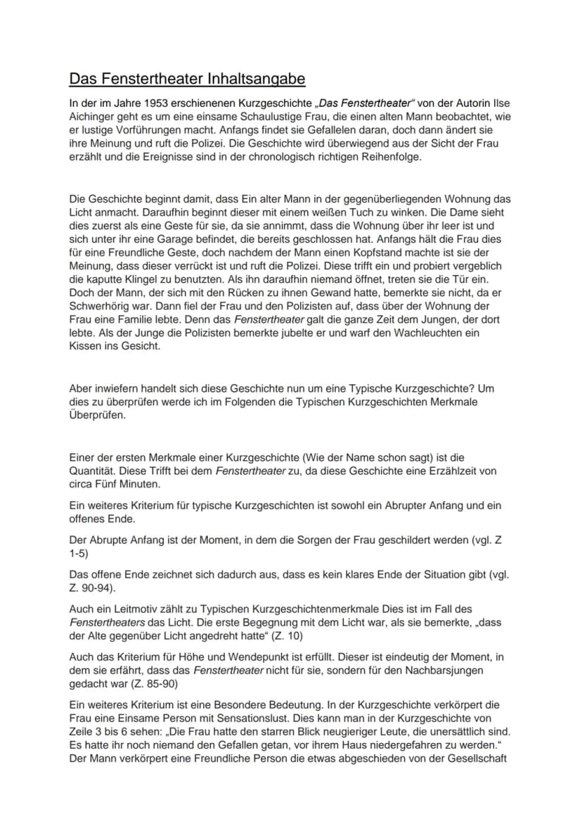 Das Fenstertheater Kurze Inhaltsangabe und Interpretation für Schüler (Deutsch) Knowunity