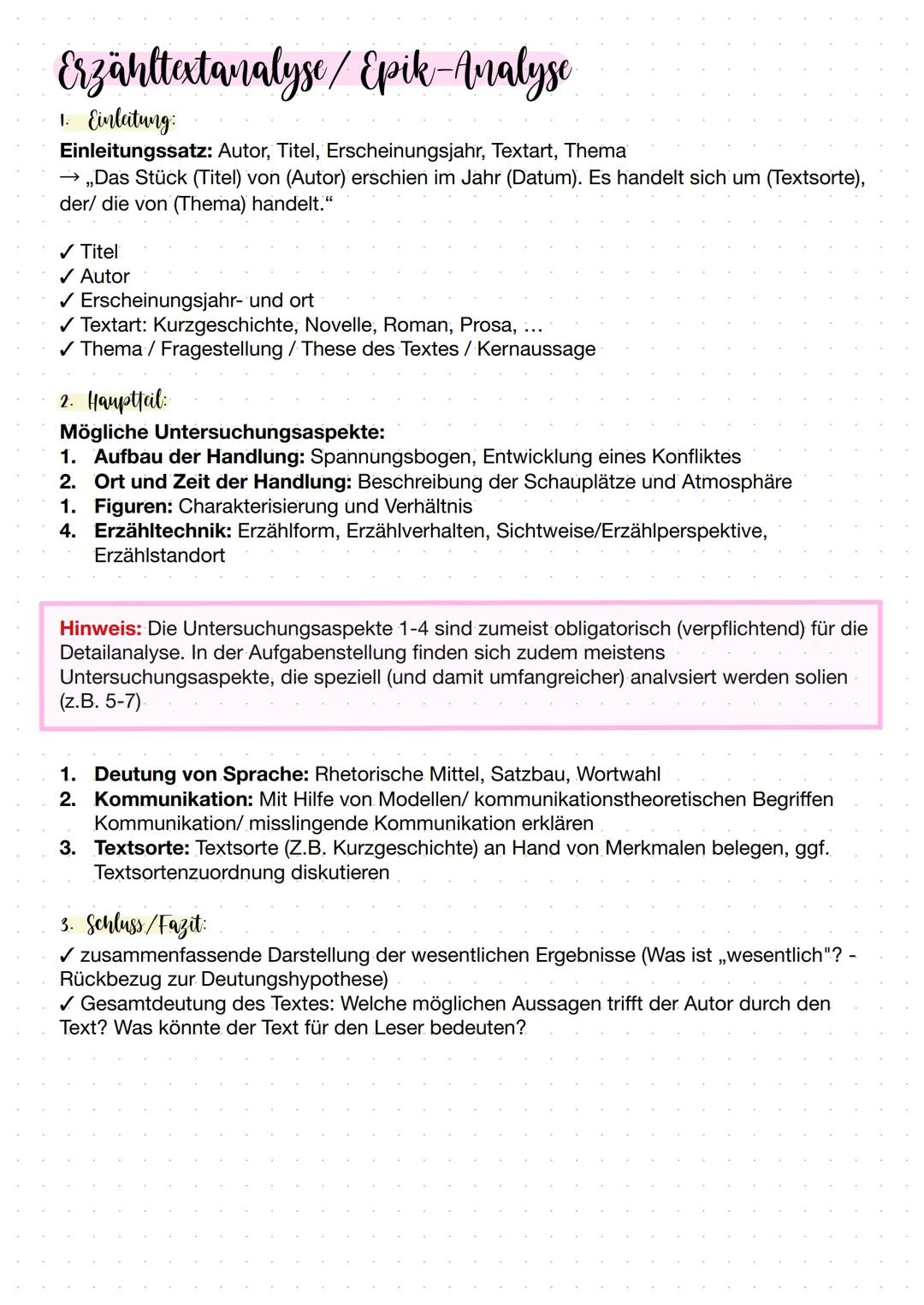 Erzähltextanalyse / Epik-Analyse
1. Einleitung:
Einleitungssatz: Autor, Titel, Erscheinungsjahr, Textart, Thema
→ „Das Stück (Titel) von (Au