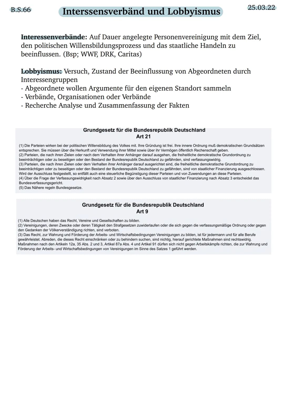 B.S.66
Interssensverbänd und Lobbyismus
Interessenverbände: Auf Dauer angelegte Personenvereinigung mit dem Ziel,
den politischen Willensbil