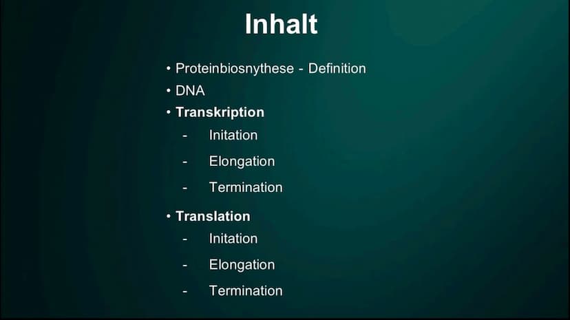 Proteinbiosynthese
Die Geburt eines Proteins ●
• DNA
●
●
Inhalt
Proteinbiosnythese - Definition
Transkription
Initation
Elongation
Terminati
