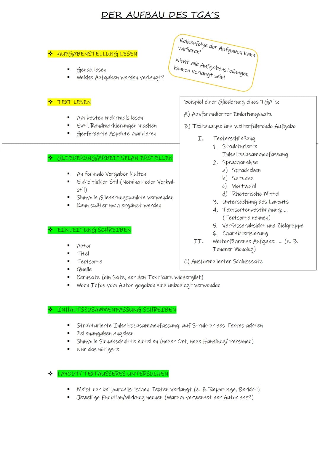 ܀
AUFGABENSTELLUNG LESEN
TEXT LESEN
I
■
■
❖GLIEDERUNG/ARBEITSPLAN ERSTELLEN
DER AUFBAU DES TGA´S
Genau lesen
Welche Aufgaben werden verlangt