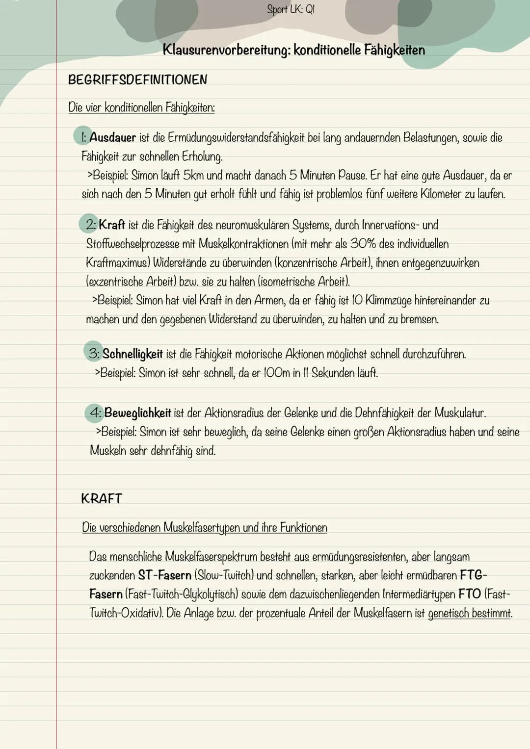 Sport LK: QI
Klausurenvorbereitung: konditionelle Fähigkeiten
BEGRIFFSDEFINITIONEN
Die vier konditionellen Fähigkeiten:
1: Ausdauer ist die 