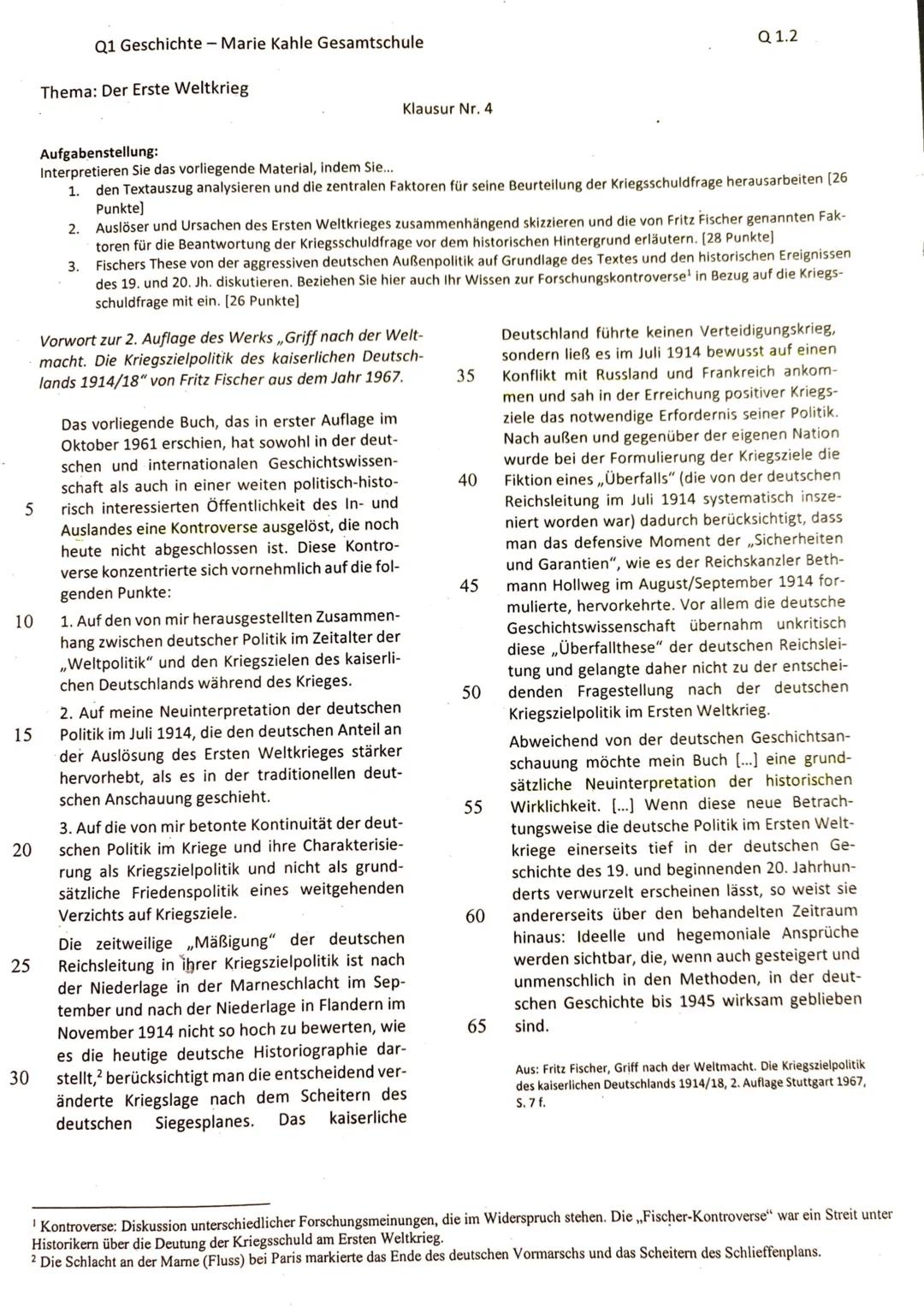# Q1 Geschichte - Marie Kahle Gesamtschule

## Thema: Der Erste Weltkrieg

Klausur Nr. 4

Q 1.2

Aufgabenstellung:

Interpretieren Sie das v