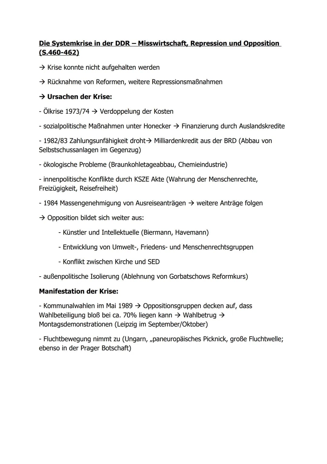 Die Systemkrise in der DDR - Misswirtschaft, Repression und Opposition
(S.460-462)
→ Krise konnte nicht aufgehalten werden
→ Rücknahme von R