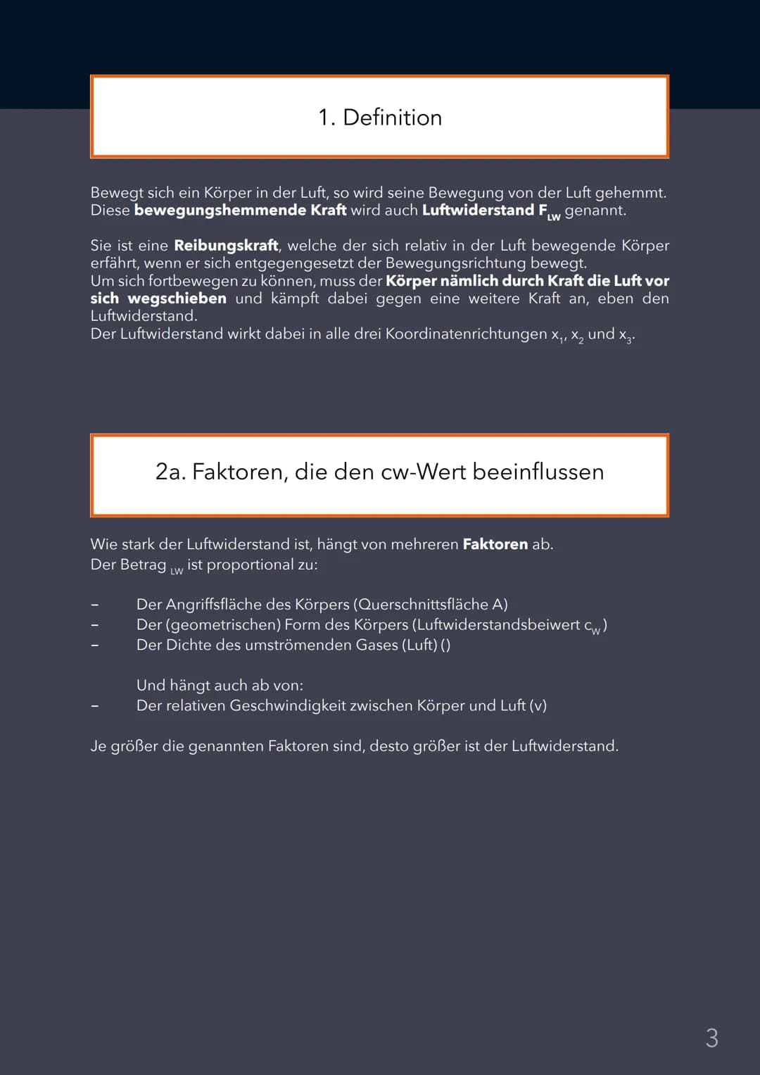 Inhalt
Vorwort
1. Definition
Inhaltsverzeichnis
2a. Faktoren, die den cw - Wert beeinflussen
2b. Herleitung des Faktors ,Querschnittsfläche 