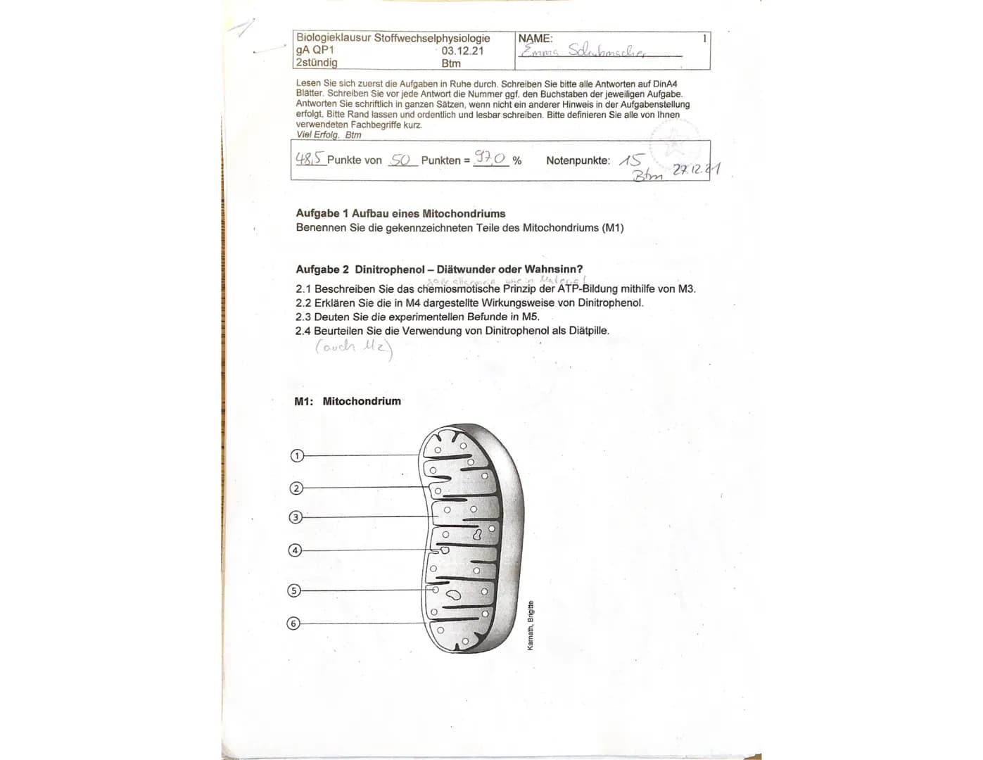 Biologieklausur Stoffwechselphysiologie
gA QP1
2stündig
Lesen Sie sich zuerst die Aufgaben in Ruhe durch. Schreiben Sie bitte alle Antworten